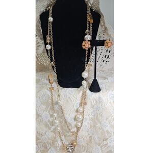 Vintage Gold Layered Necklace & Earring Set - Peach Pearls & Crystal Accents